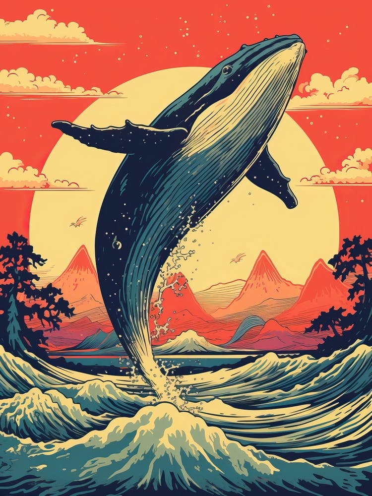Whale Animal Drawing In The Style Of Ukiyo E 3