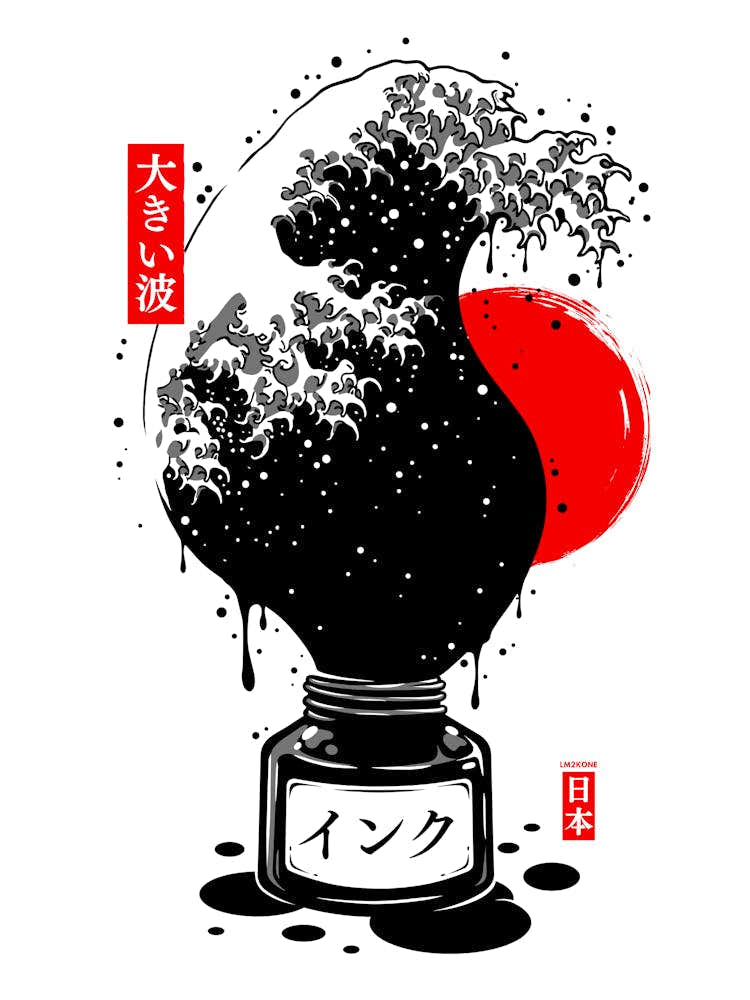 Black Kanagawa's wave Japanese Ink