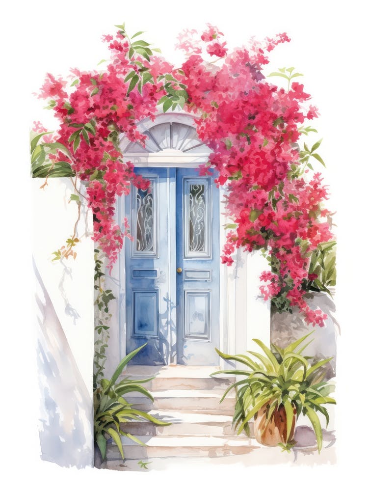 Santorini, Greece   Mediterranean Doors Watercolour Painting 2
