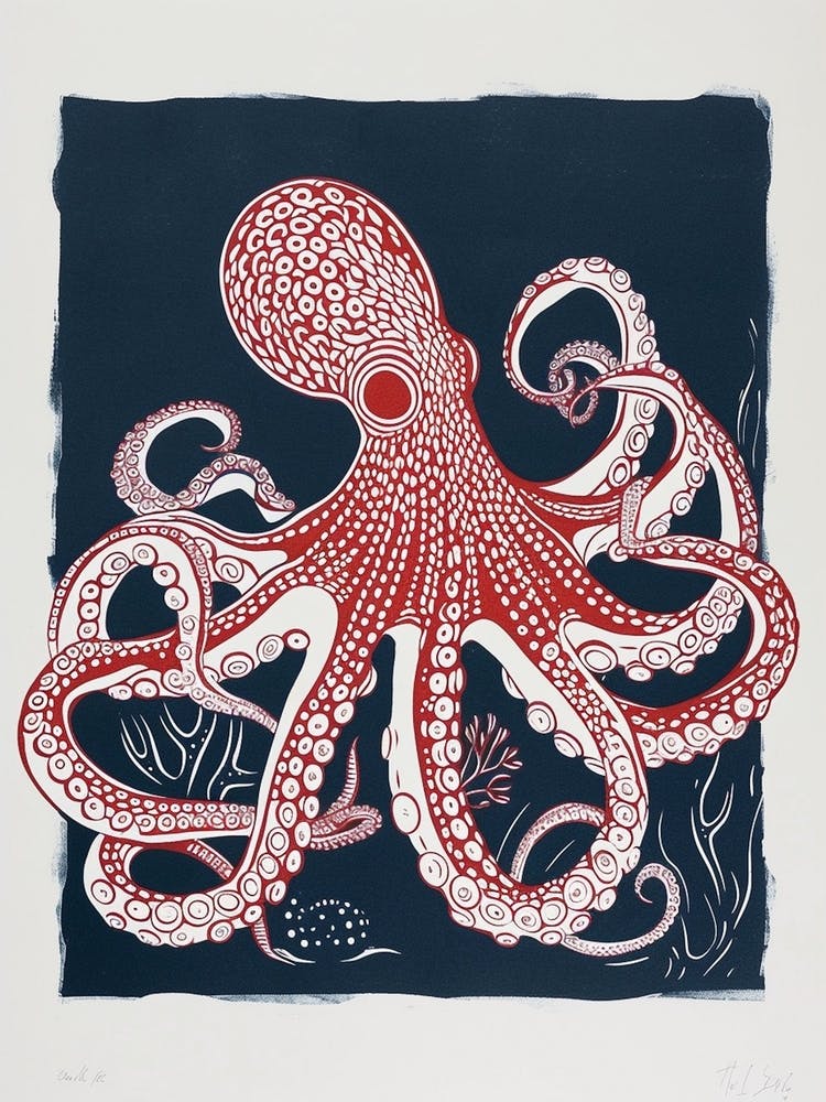 Navy Blue & Red Linocut Inspired Octopus 1