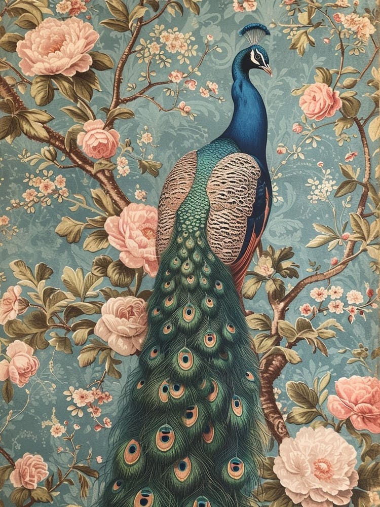 Vintage Floral Peony Pink & Blue Peacock