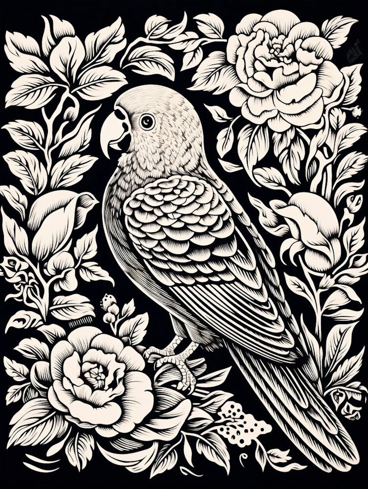 B&W Bird Linocut Parrot 3