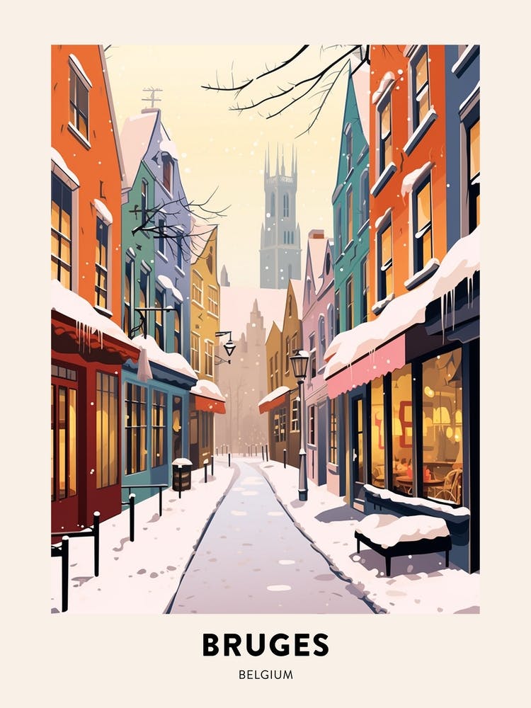 Vintage Winter Travel Poster Bruges Belgium 2