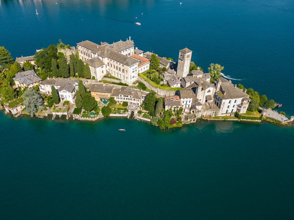 island of San Giulia on Lake Orta in Italy. Aerial photography.