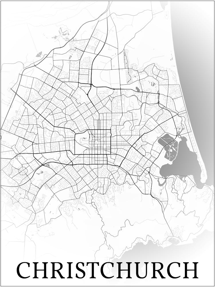 Christchurch, Canterbury, New Zealand, City Map, Black And White Fade Design