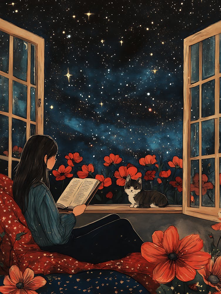 Girl Reading Book with Her Cat 16