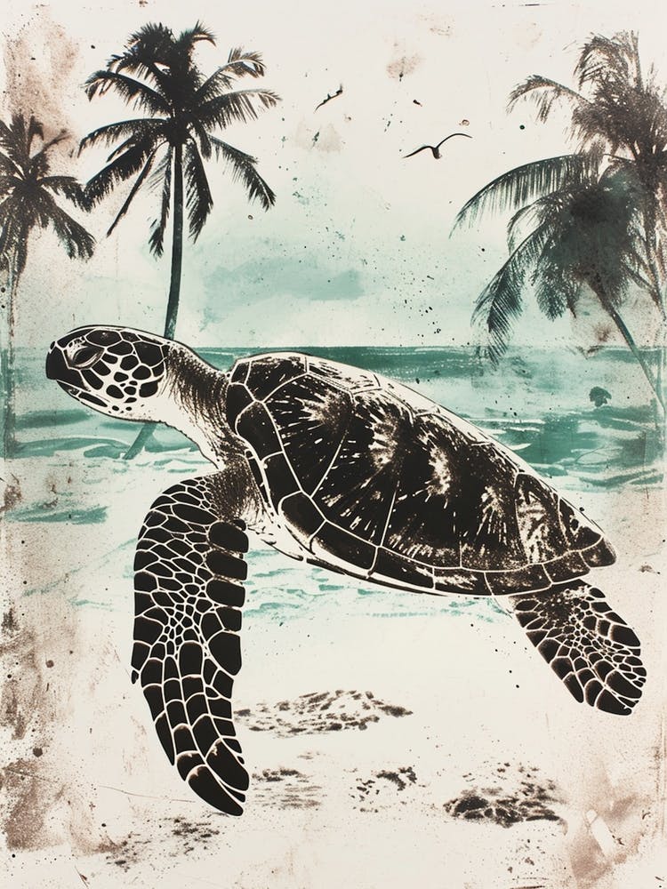 Sea Turtle & Palm Trees On The Beach 3