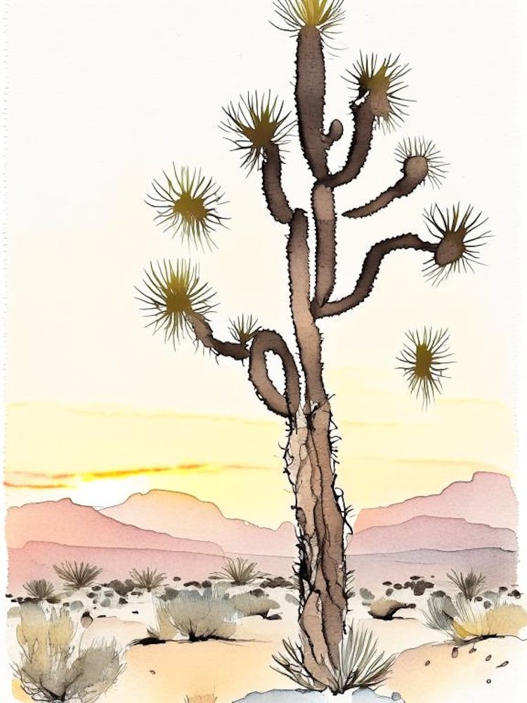 Joshua Tree At Dawn In Desert Minimilist Watercolour 