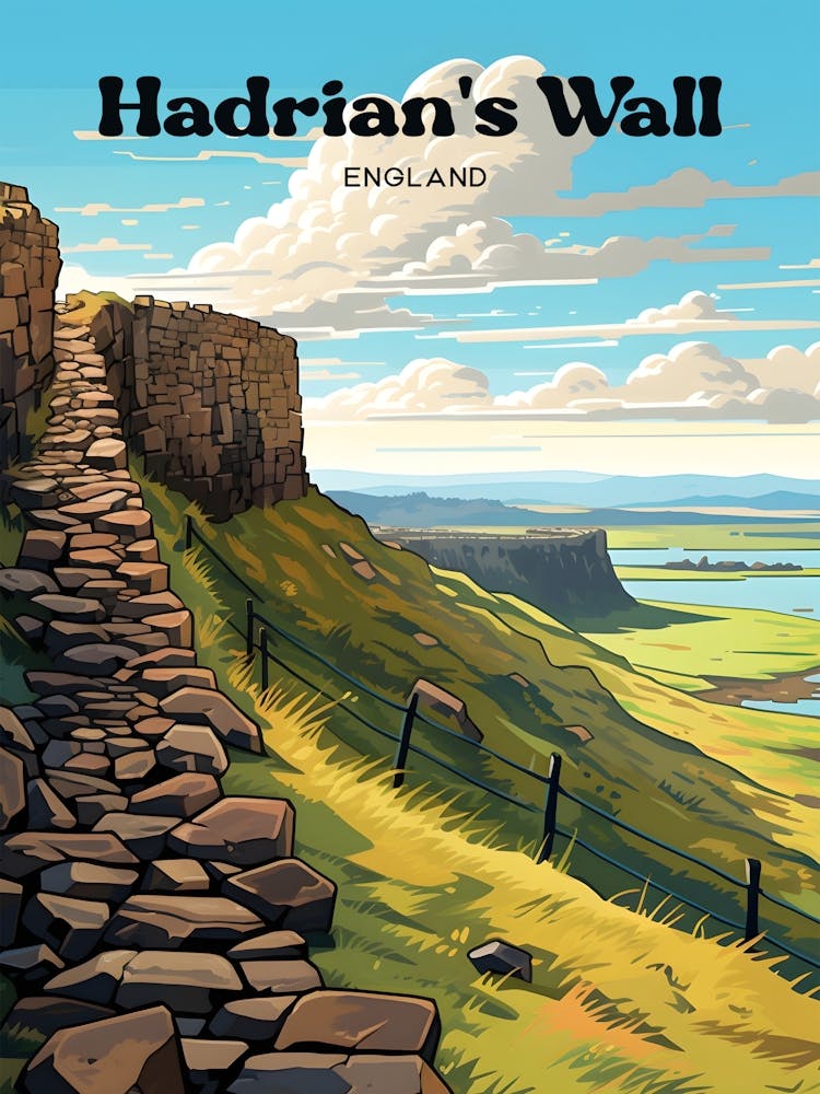 Hadrian's Wall England Trekking Modern Travel Illustration