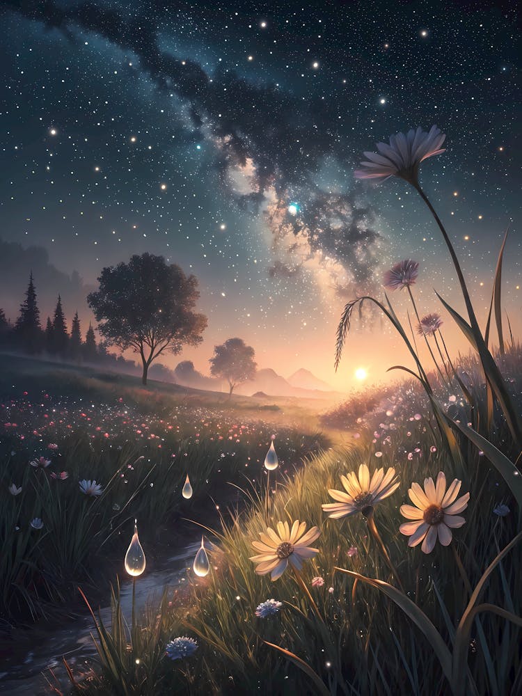 Oil Painting Style Milky Way Meadow Starry Night Landscape with Glowing Flowers