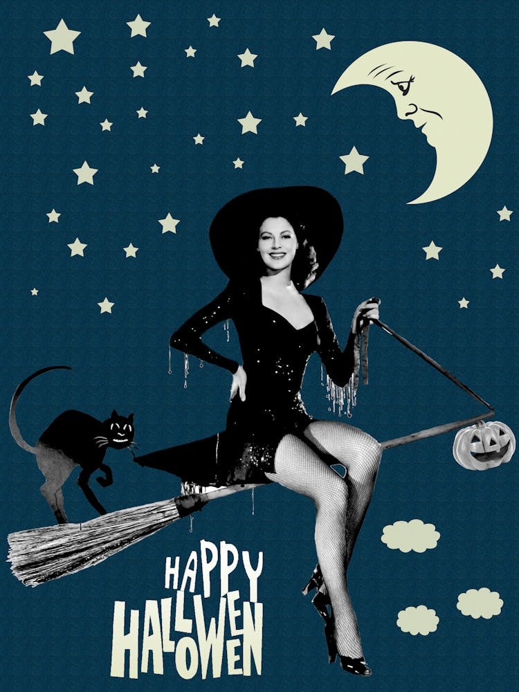 Pin Up Girl Posing On A Broom Under Halloween Moon and Stars