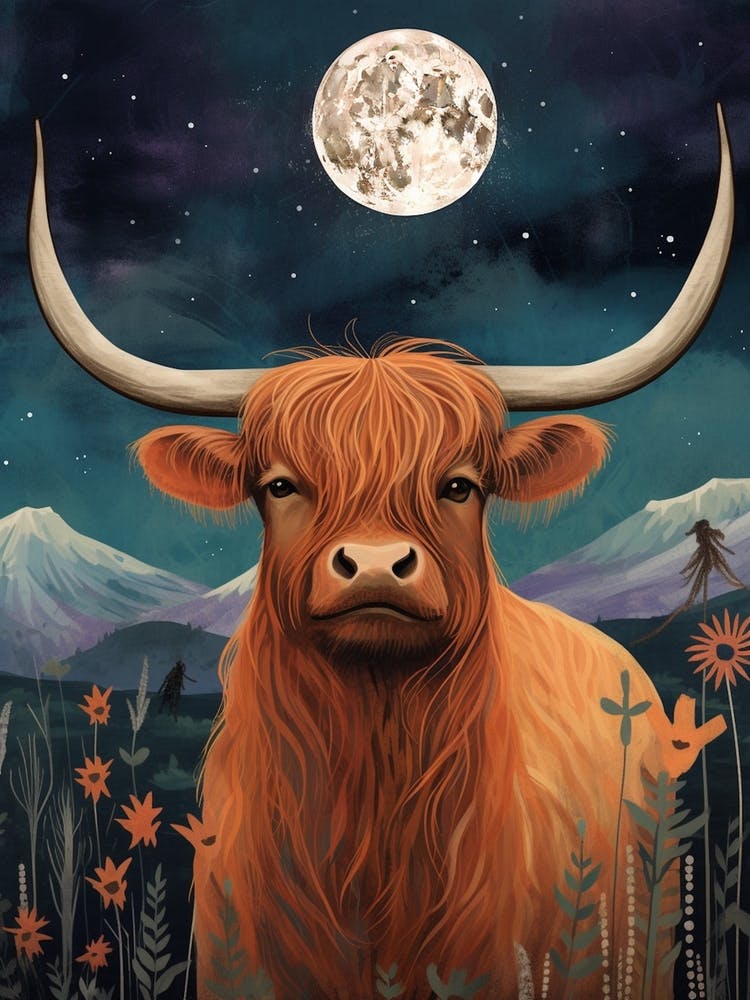 Highland Cow In Moonlight Textured Illustration 3