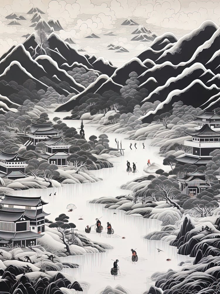 Shikoku Pilgrimage In Shikoku, Ukiyo E Black And White Line Art Drawing 4