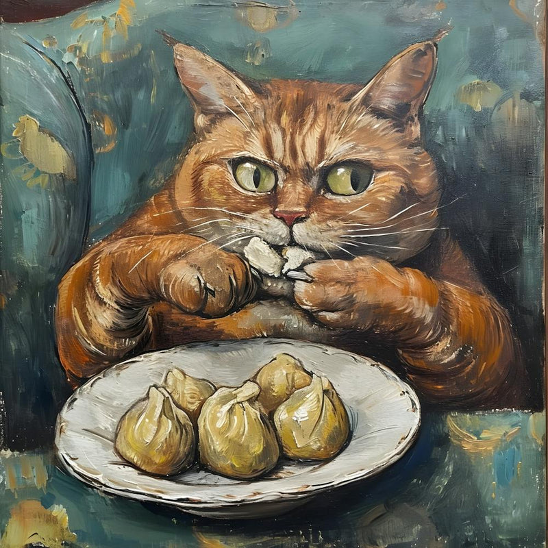 Katze isst Teigtaschen