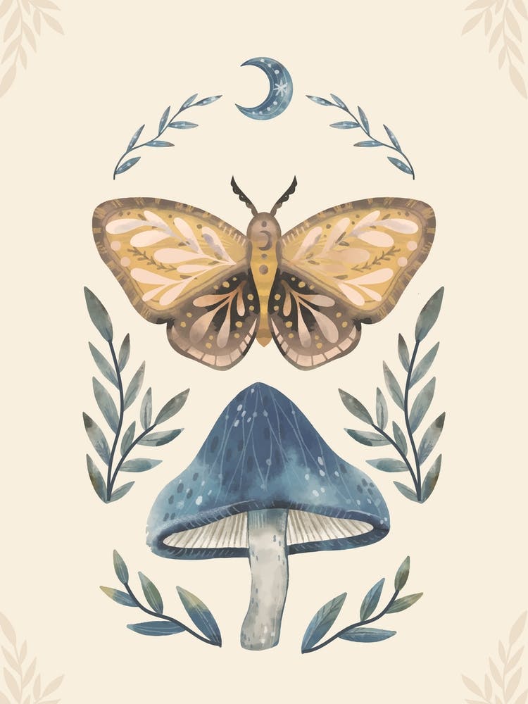 Moth On A Mushroom Boho Watercolor