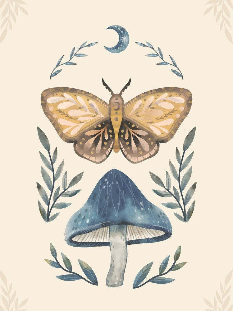 Moth On A Mushroom Boho Watercolor