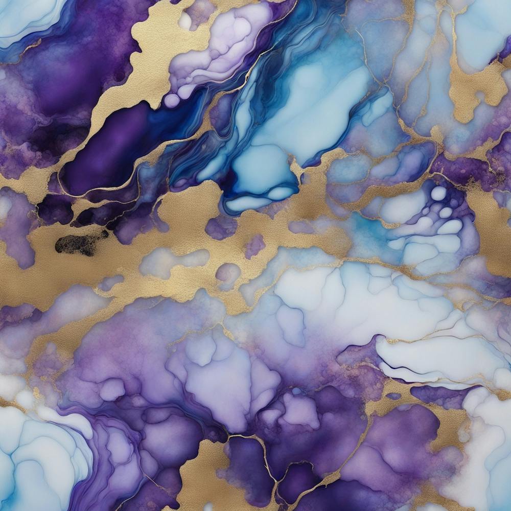 Luxury abstract fluid art painting in alcohol ink technique, mixture of blue and purple paints. Imitation of marble stone cut, glowing golden veins. Tender and dreamy design.