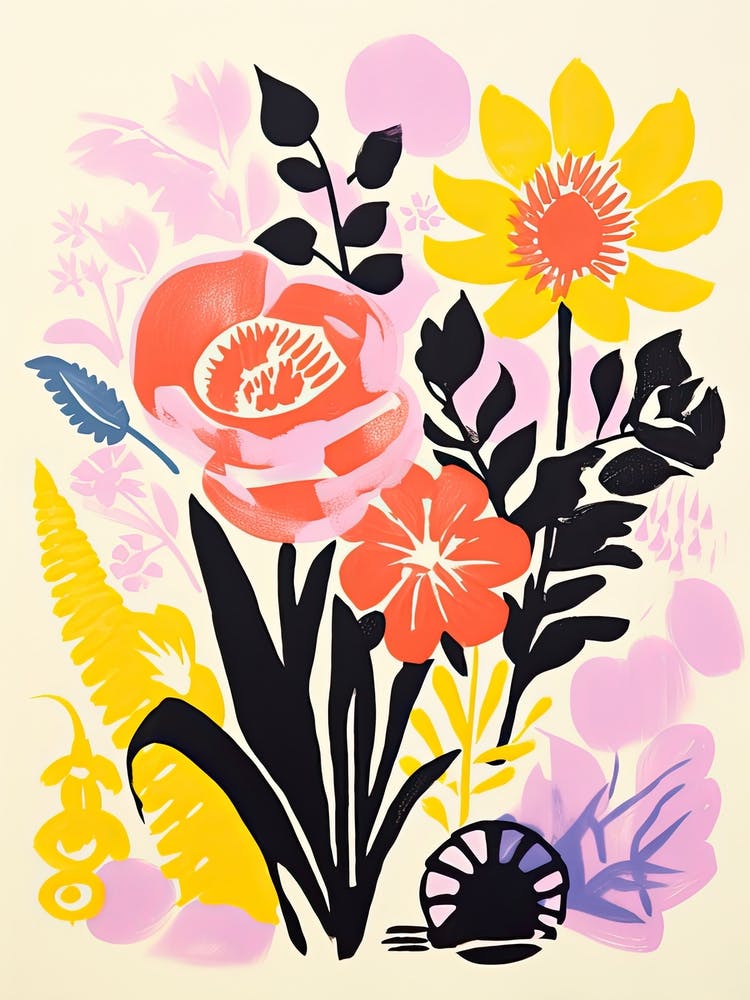 Colourful Flowers In A Vase In Risograph Style 9