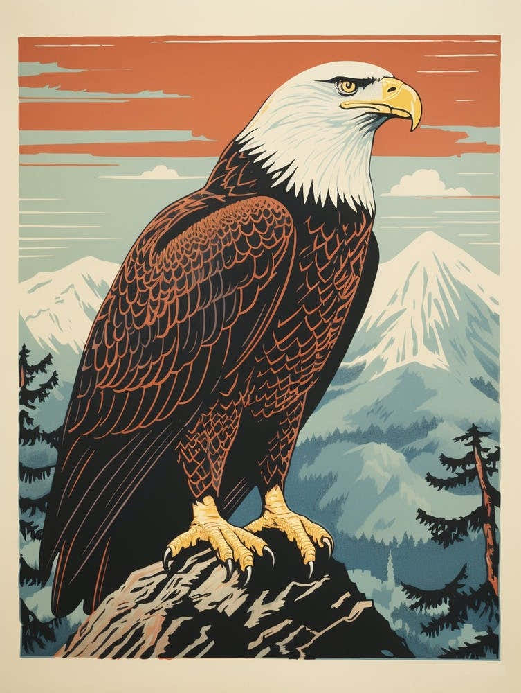 Vintage Bird Linocut Bald Eagle 2