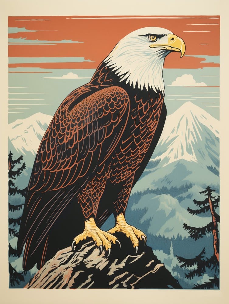 Vintage Bird Linocut Bald Eagle 2