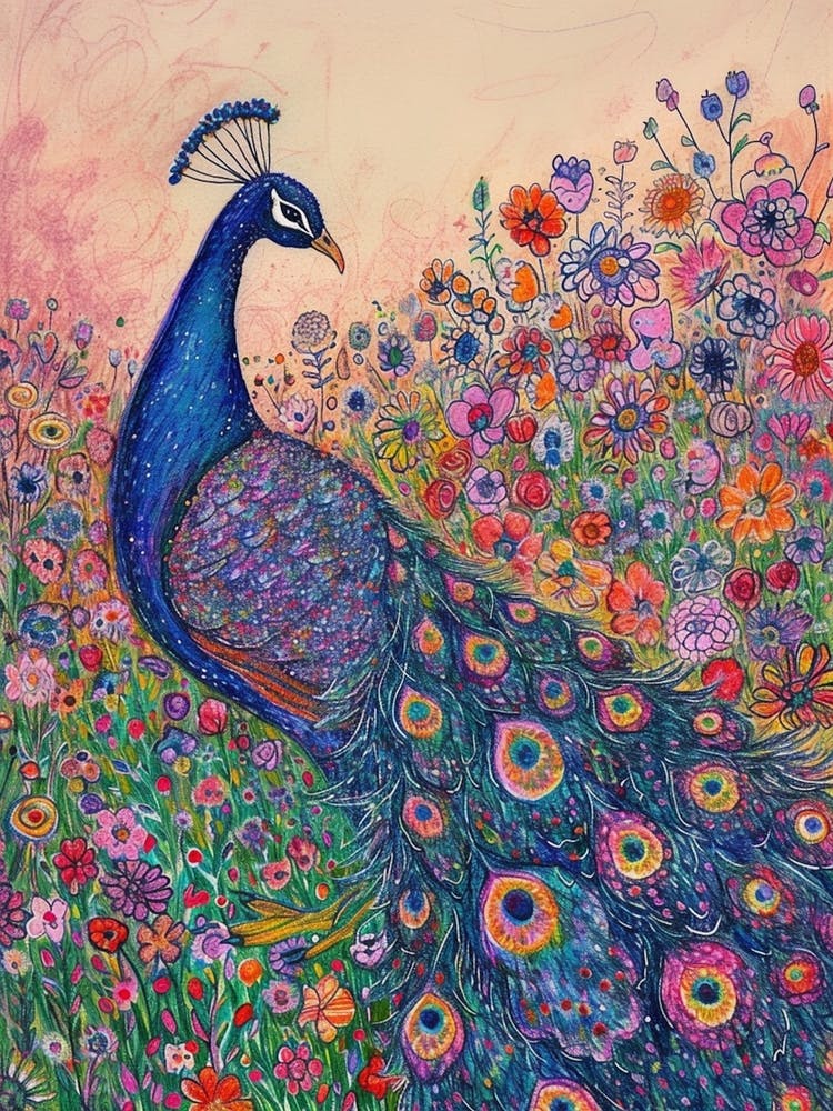 Peacock Maxmalism Floral Portrait 4