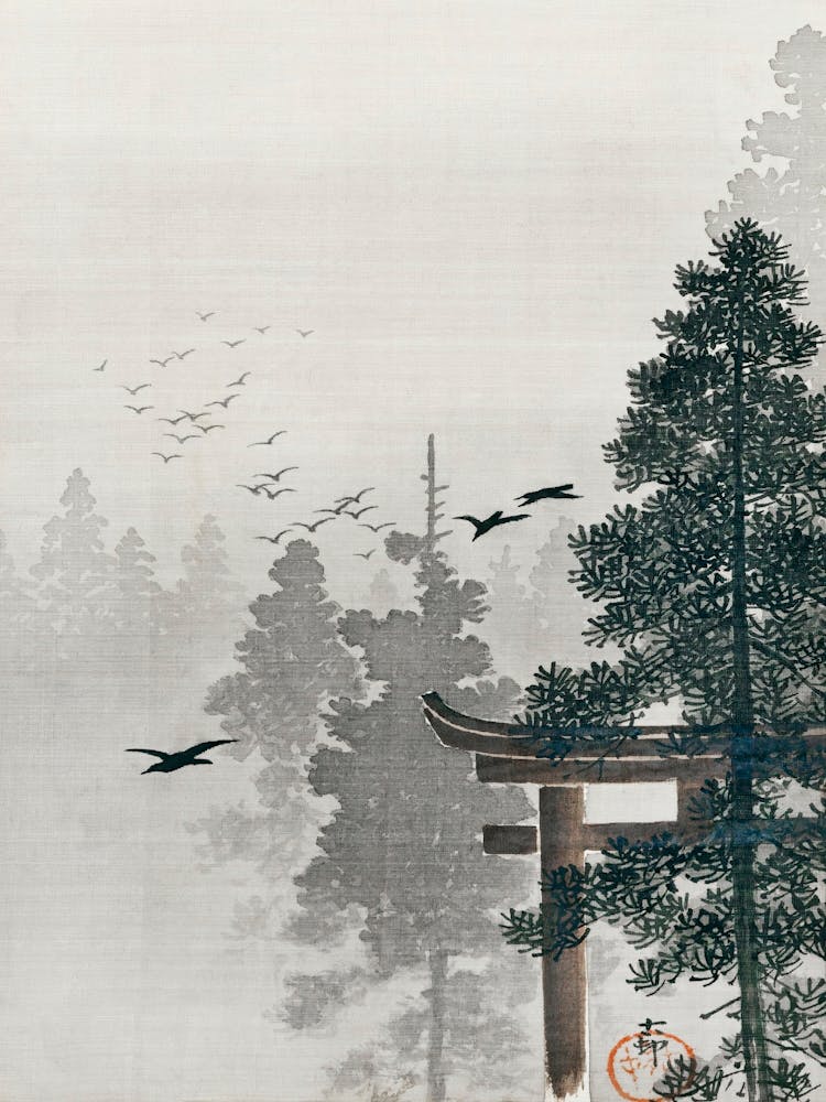 Flock Of Birds And A Torii Gate In A Pine Tree Forest (1877 1945), Ohara Koson
