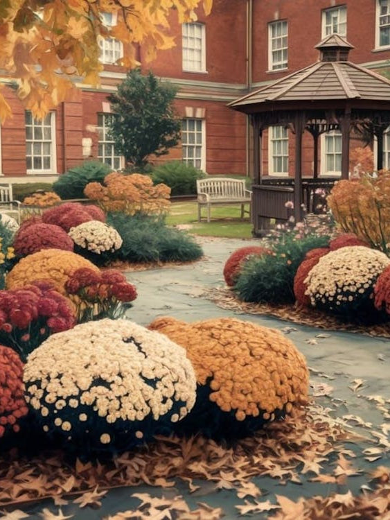 Autumn Campus Charm - Fall Garden with Chrysanthemums