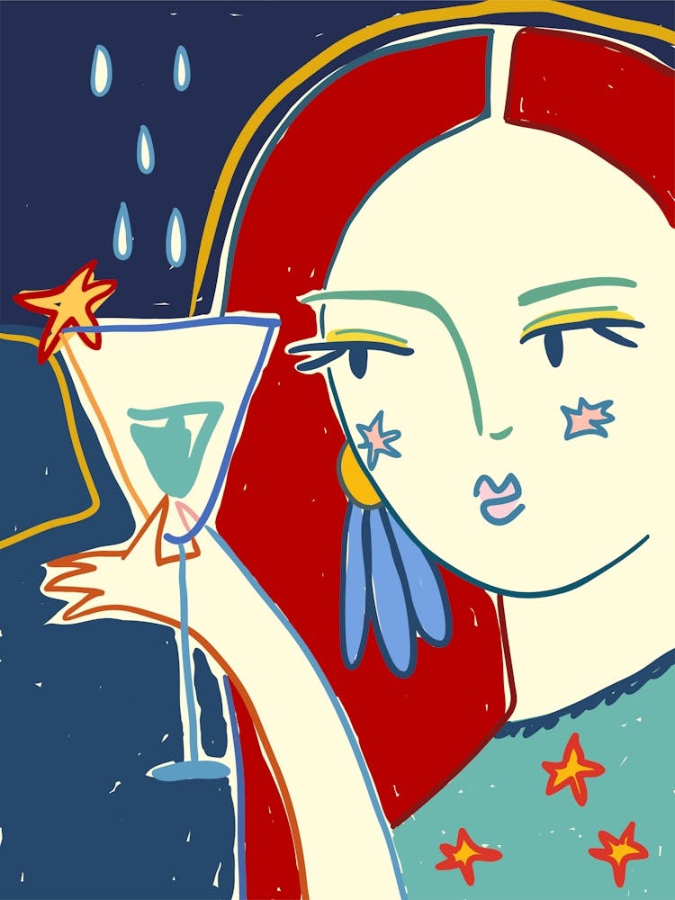 Abstract woman with glass of wine, Abstract art, Retro print, Party mood