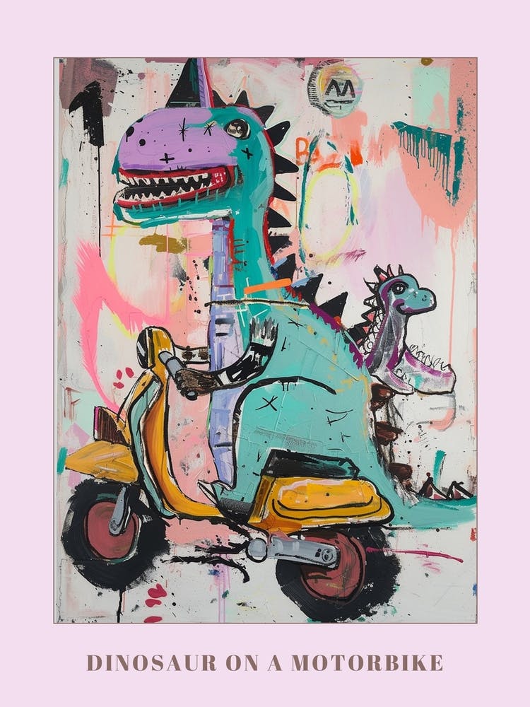Dinosaur & Baby Dinosaur On A Motorbike Poster