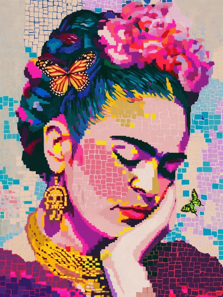 Frida Kahlo Mit Schmetterling, Mosaik Neon Pop Art Druck