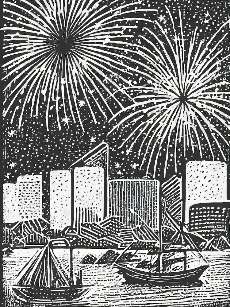 Fireworks Over Yokohama Bay Ukiyo-E Style