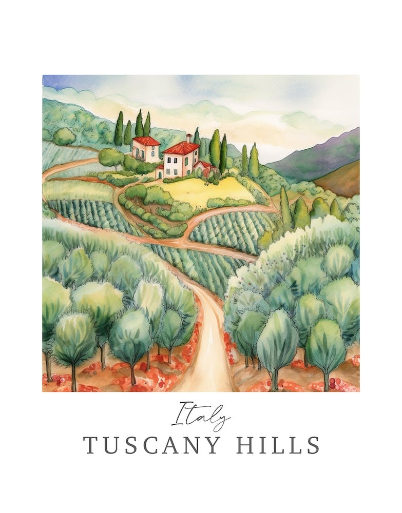 Italy Tuscany Hills Storybook 4 Travel Poster Watercolour