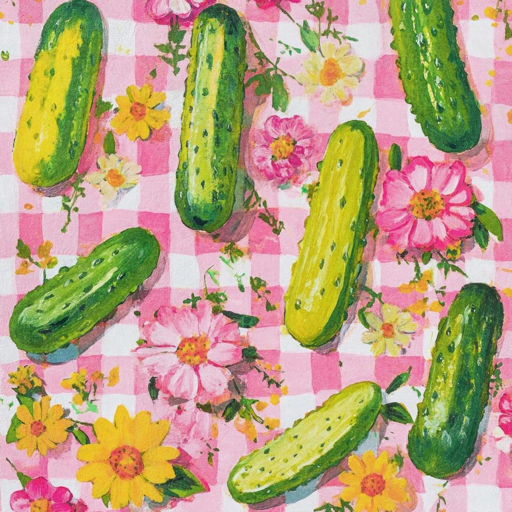 Essiggurken und Blumen Bunte Wandkunst Maximalistische Deko Küchenprint