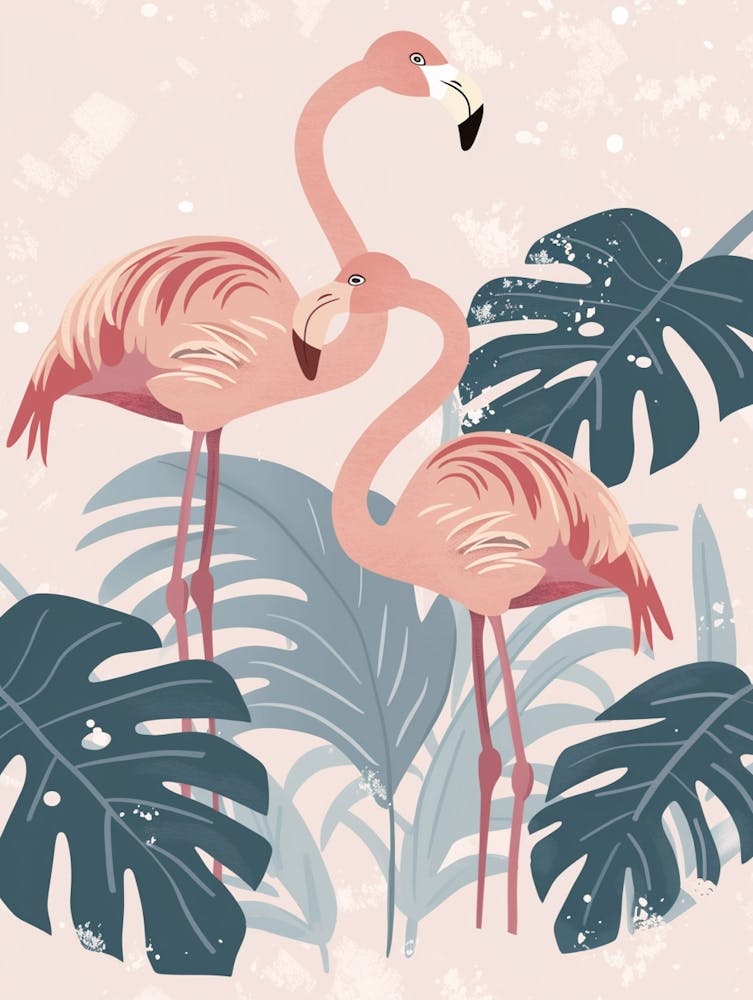 American Flamingo And Monstera Deliciosa Boho Print 1