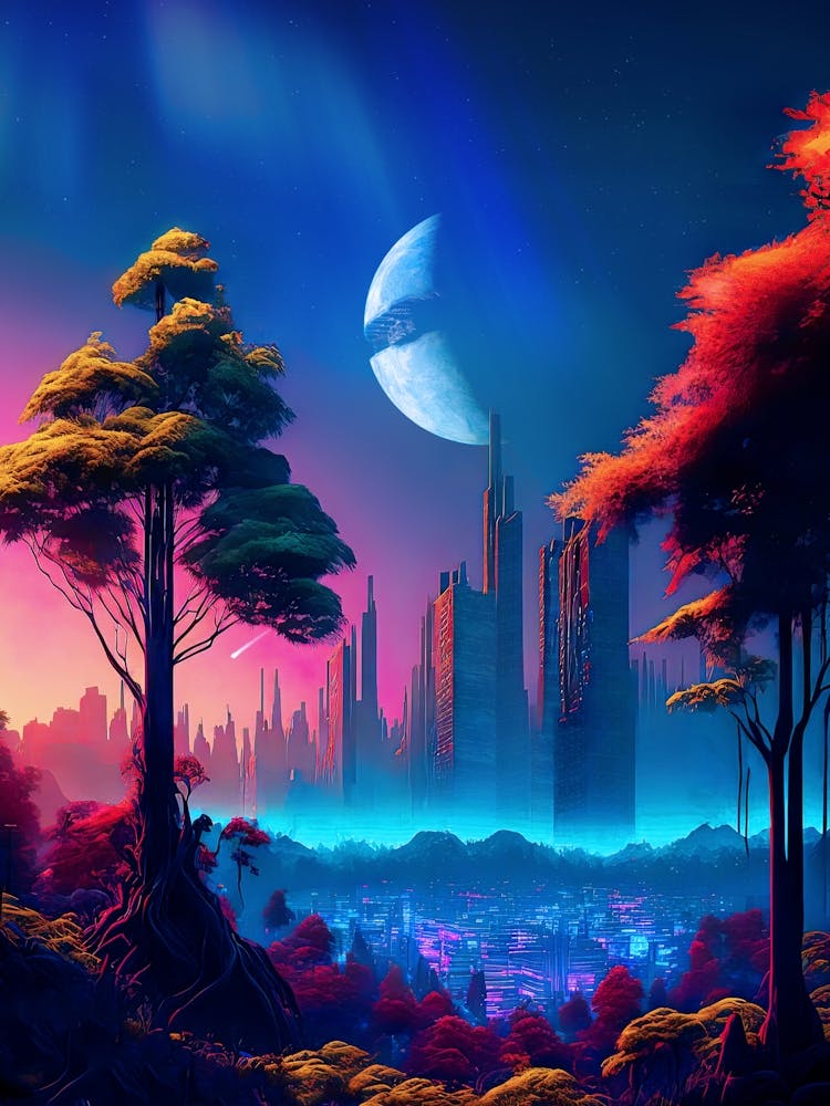 Neon cyberpunk city in a forest — surreal space collage art, cosmic futuristic sci-fi collage