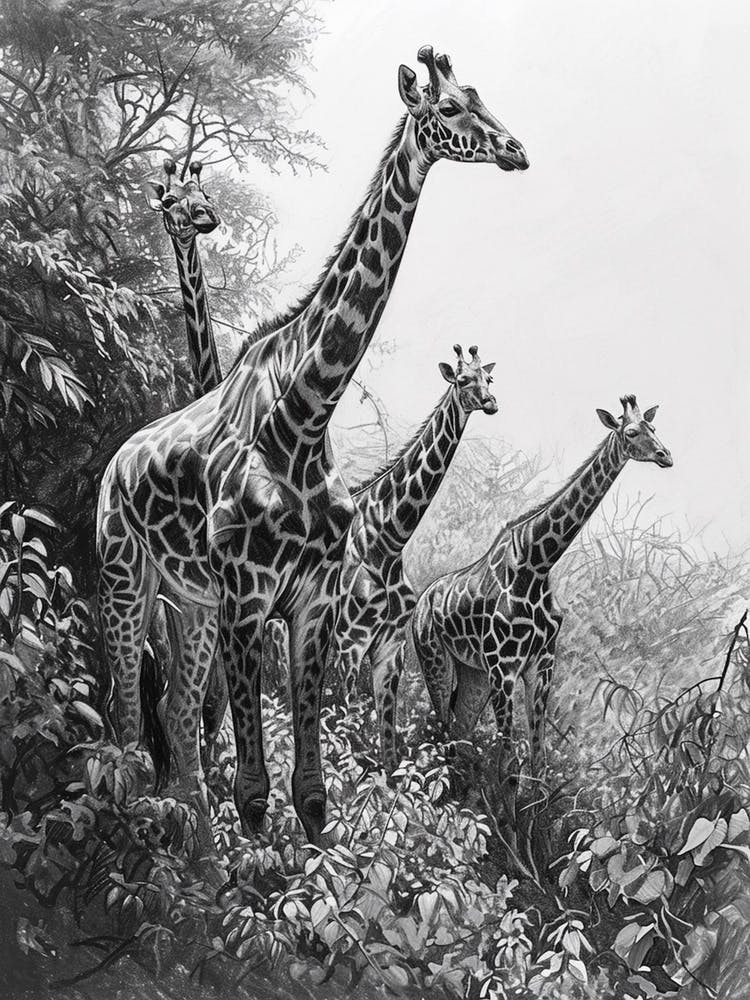 Giraffes In The Wild Pencil Portrait 2