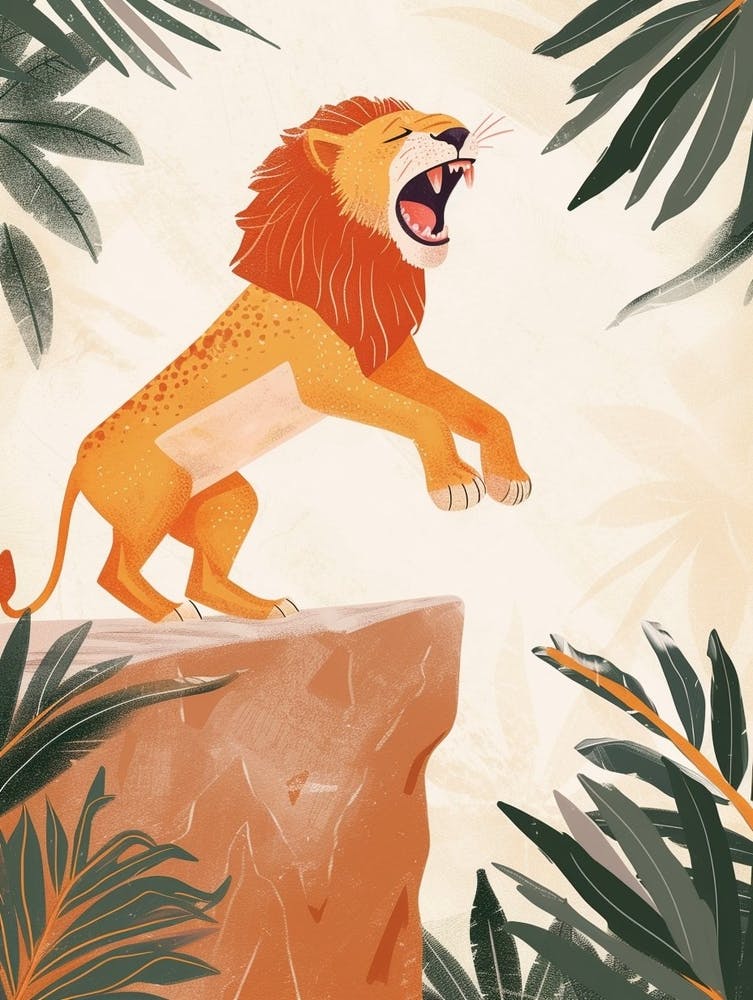 African Lion Roaring On A Cliff Illustration 4