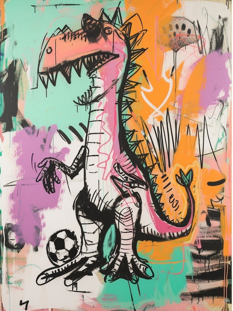 Dinosaur Playing Football Pink Graffiti Brushstroke 1