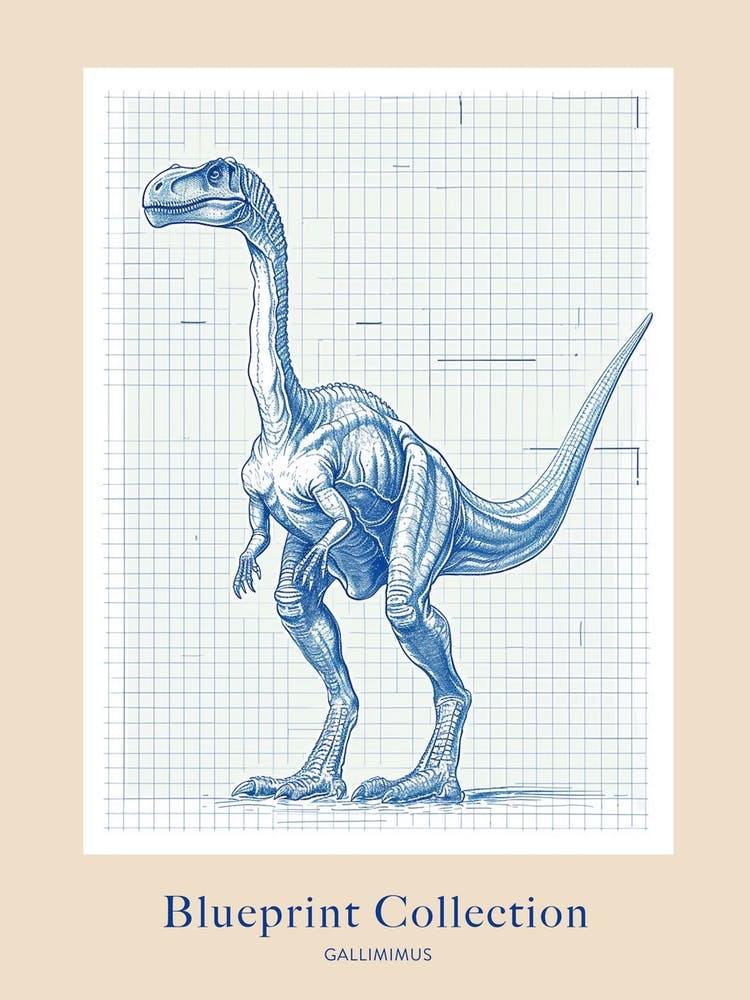 Gallimimus Dinosaur Blue Print Sketch 2 Poster