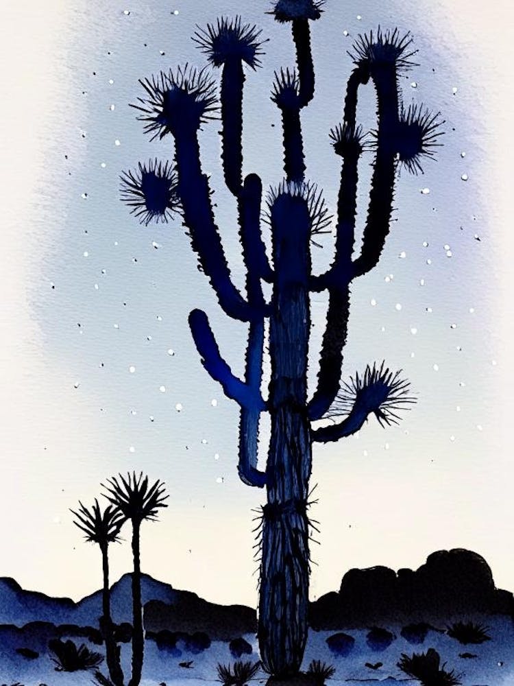Joshua Trees bei Nacht – Minimalistisches Aquarell