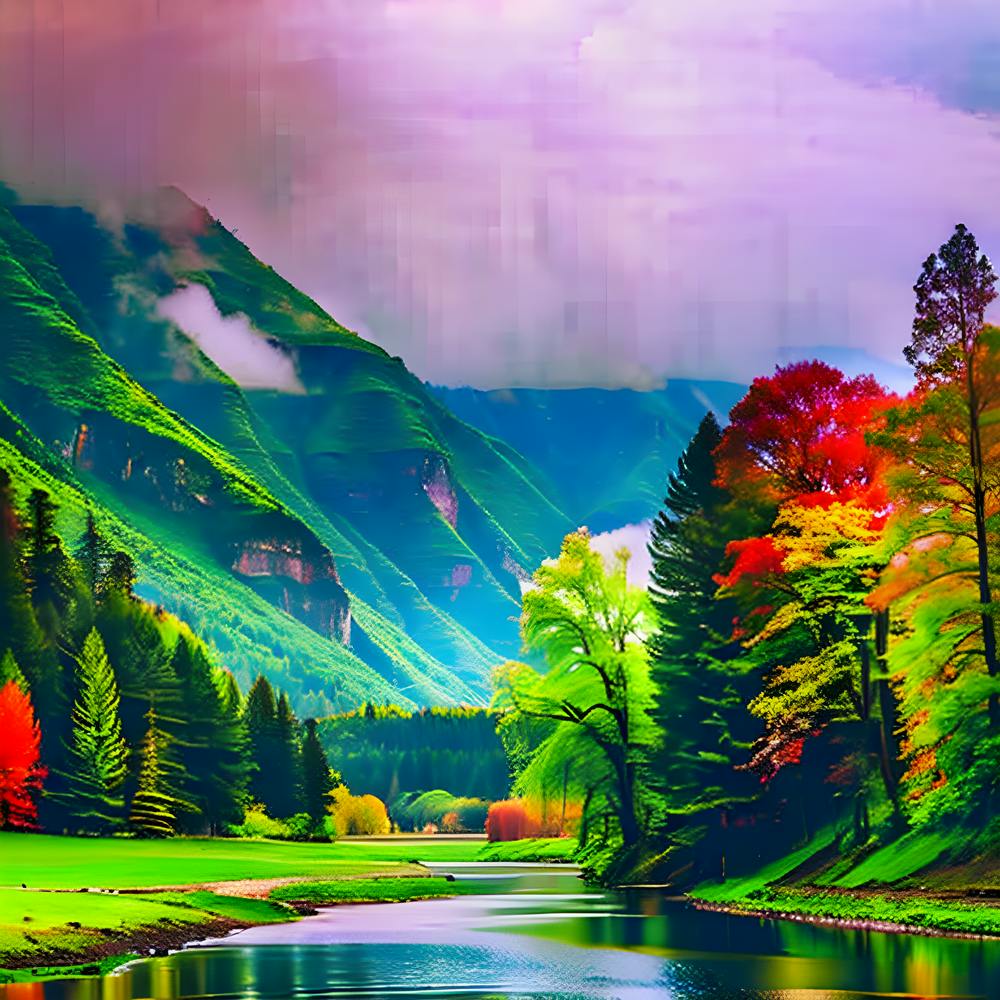 Watercolor: Green And Red Trees And A River With Mountains And Clouds In The Background