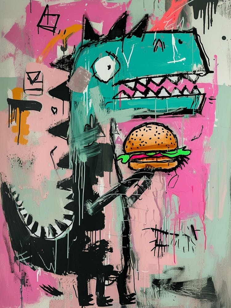 Dinosaur Eating A Hamburger Pink Blue Graffiti Style 3