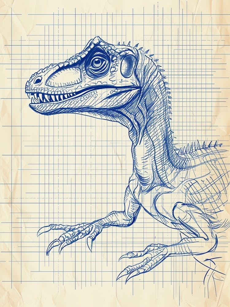 Deinonychus Dinosaur Blue Print Sketch 2