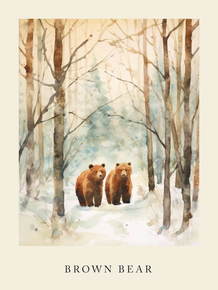 Winter Watercolour Brown Bear 2 Poster