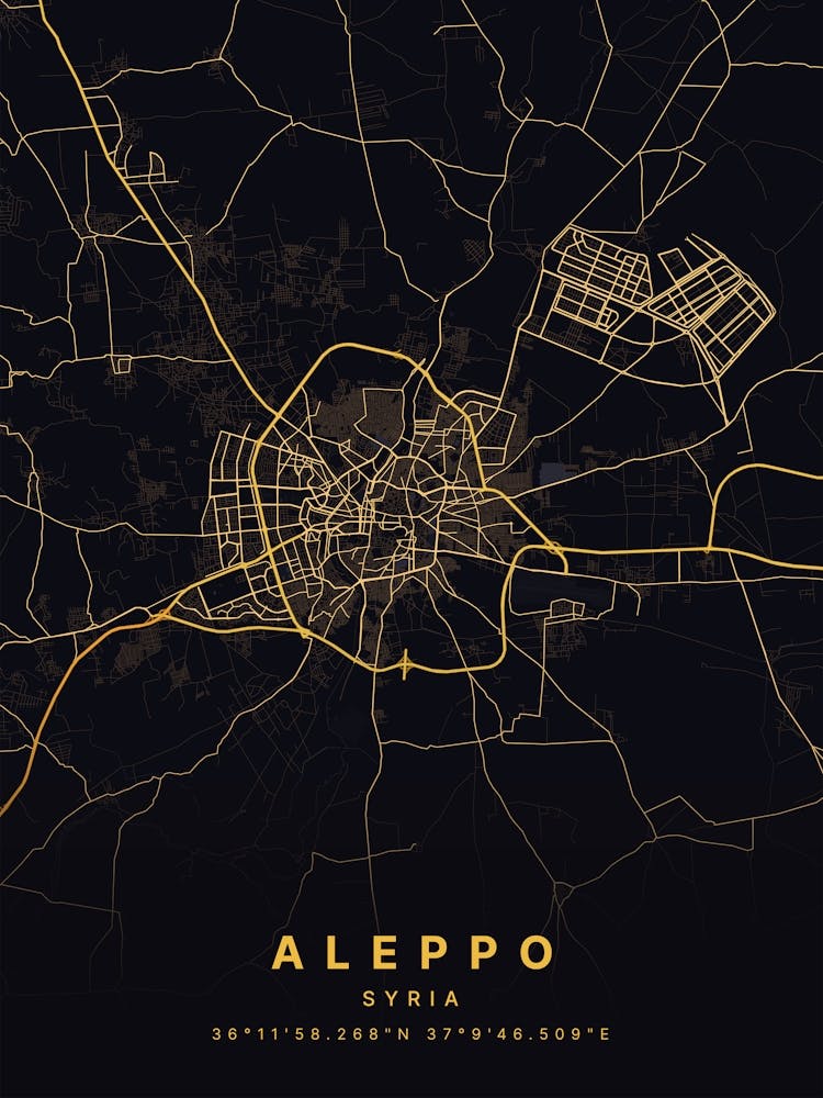 Aleppo Syria Black And Gold Map