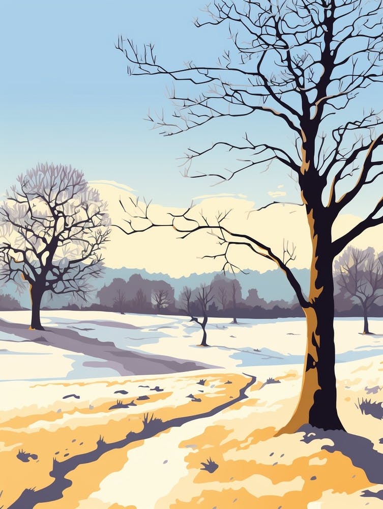 Vintage Winter Travel Illustration Richmond Park England 3