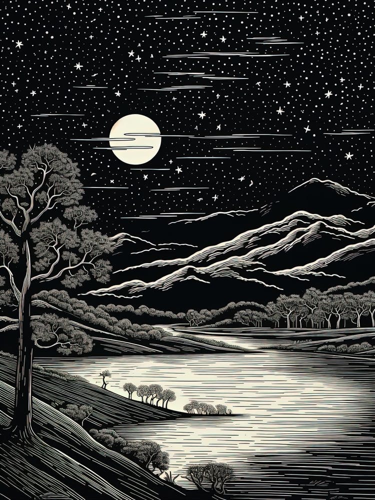 Lake Biwa In Shiga, Ukiyo E Black And White Line Art Drawing 2