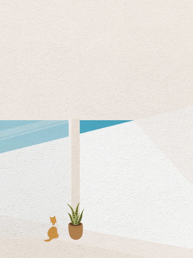 Minimal art of a dreamy cat next to the house