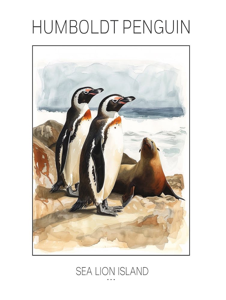 Humboldt Penguin Sea Lion Island Watercolour Painting 1 Poster
