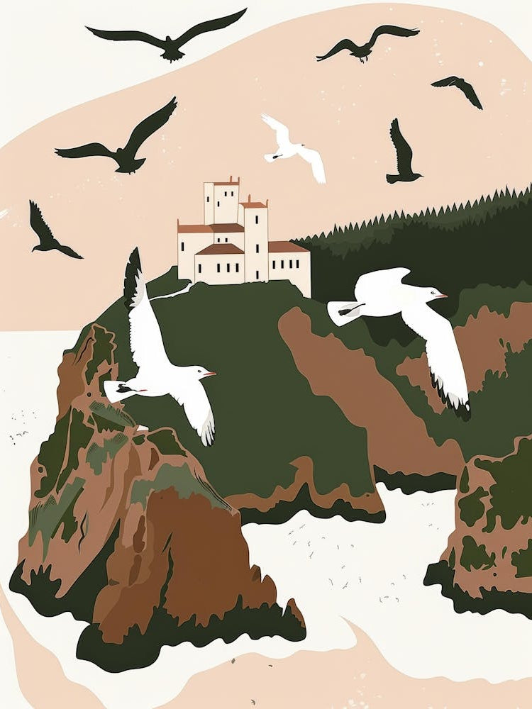 Seagulls Flying Over Castle